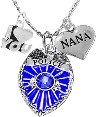 Policeman's Nana Necklace W/I Love You Charm, Hypoallergenic, Safe-Nickel, Lead, Cadmium Free