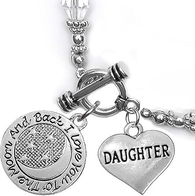 Daughter, I Love You to The Moon and Back Clear Crystal Bracelet, Hypoallergenic, Safe, Nickel, Lead, Cadmium Free