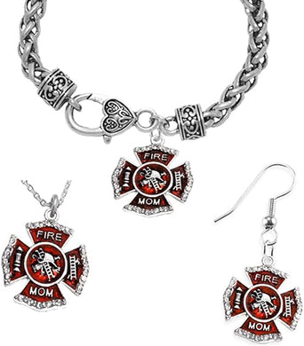Firefighter's Mom's Necklace, Earring, Bracelet Set, Hypoallergenic, Safe-Nickel, Lead, and Cadmium Free.