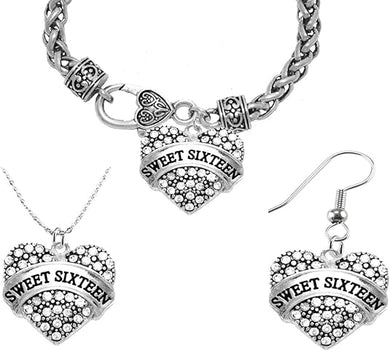 Sweet Sixteen Necklace, Earring, Bracelet Set, Hypoallergenic, Safe-Nickel, Lead, and Cadmium Free.
