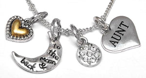 Aunt I Love You to The Moon and Back, Adjustable Necklace Set, Hypoallergenic, Will NOT Irritate Anyone with Sensitive Skin, Safe, Nickel, Lead, & Cadmium Free.
