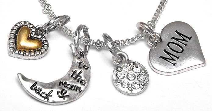 Cardinali Jewelry Mom I Love You to The Moon and Back, Adjustable Necklace Set, Hypoallergenic, Will NOT Irritate Anyone with Sensitive Skin, Safe, Nickel, Lead, & Cadmium Free.