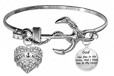 Navy Mom, God Has You In His Arms, And I Have You In My Heart, On A Silvertone Anchor Cuff Bracelet. Genuine Austrian Cut Crystal Heart Charm. What A Wonderful Gift For Yourself, Or Someone Special. Gift Ready, Comes In A Black Velvet Bag
