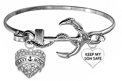 Navy Mom, Keep My Son Safe On A Silvertone Anchor Cuff Bracelet. Genuine Austrian Cut Crystal Heart Charm. What A Wonderful Gift For Yourself, Or Someone Special. Gift Ready, Comes In A Black Velvet Bag.