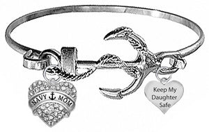 Navy Mom, Keep My Daughter Safe &nbsp;On A Silvertone Anchor Cuff Bracelet. Genuine Austrian Cut Crystal Heart Charm. What A Wonderful Gift For Yourself, Or Someone Special. Gift Ready, Comes In A Black Velvet Bag.