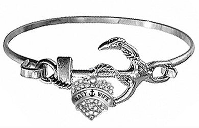Navy Wife On A Silvertone Anchor Cuff Bracelet. Genuine Austrian Cut Crystal Heart Charm. What A Wonderful Gift For Yourself, Or Someone Special. Gift Ready, Comes In A Black Velvet Bag