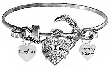 Super Hero, Genuine Austrian Crystal Heart, U.S, Navy Wife, Amazing Woman, On A Silvertone Anchor Cuff Bracelet. Genuine Austrian Cut Crystal Heart Charm. What A Wonderful Gift For Yourself, Or Someone Special