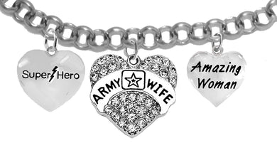 Super Hero, Genuine Austrian Crystal Heart, U.S. Army Wife, Amazing Woman, On A Silvertone Rollo Chain Adjustable Bracelet. It Will Fit Everyone. What A Wonderful Gift For Yourself, Or Someone Special.Gift Ready, Comes In A Black Velvet Bag. 