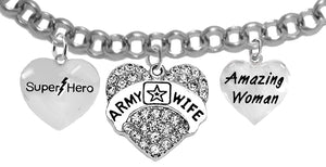 Super Hero, Genuine Austrian Crystal Heart, U.S. Army Wife, Amazing Woman, On A Silvertone Rollo Chain Adjustable Bracelet. It Will Fit Everyone. What A Wonderful Gift For Yourself, Or Someone Special.Gift Ready, Comes In A Black Velvet Bag.&nbsp;