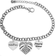 Super Hero, Genuine Austrian Crystal Heart, U.S. Army Wife, Amazing Woman, On A Silvertone Rollo Chain Adjustable Bracelet. It Will Fit Everyone. What A Wonderful Gift For Yourself, Or Someone Special.Gift Ready, Comes In A Black Velvet Bag.&nbsp;