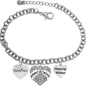 Super Hero, Genuine Austrian Crystal Heart, U.S. Army Wife, Amazing Woman, On A Silvertone Rollo Chain Adjustable Bracelet. It Will Fit Everyone. What A Wonderful Gift For Yourself, Or Someone Special.Gift Ready, Comes In A Black Velvet Bag.&nbsp;
