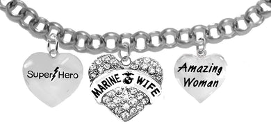 Super Hero, Genuine Austrian Crystal Heart, U.S. Marine Wife, Amazing Woman, On A Silvertone Rollo Chain Adjustable Bracelet. It Will Fit Everyone. What A Wonderful Gift For Yourself, Or Someone Special. Gift Ready, Comes In A Black Velvet Bag