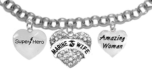Super Hero, Genuine Austrian Crystal Heart, U.S. Marine Wife, Amazing Woman, On A Silvertone Rollo Chain Adjustable Bracelet. It Will Fit Everyone. What A Wonderful Gift For Yourself, Or Someone Special. Gift Ready, Comes In A Black Velvet Bag