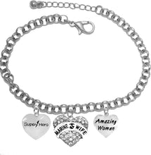 Super Hero, Genuine Austrian Crystal Heart, U.S. Marine Wife, Amazing Woman, On A Silvertone Rollo Chain Adjustable Bracelet. It Will Fit Everyone. What A Wonderful Gift For Yourself, Or Someone Special. Gift Ready, Comes In A Black Velvet Bag