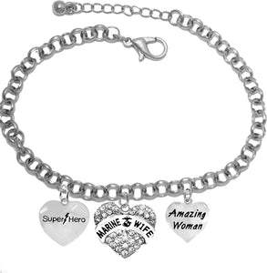 Super Hero, Genuine Austrian Crystal Heart, U.S. Marine Wife, Amazing Woman, On A Silvertone Rollo Chain Adjustable Bracelet. It Will Fit Everyone. What A Wonderful Gift For Yourself, Or Someone Special. Gift Ready, Comes In A Black Velvet Bag