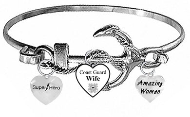 Super Hero, Genuine Austrian Crystal Heart, U.S.Coast Guard Wife, Amazing Woman, On A Silvertone Anchor Cuff Bracelet. Genuine Austrian Cut Crystal Heart Charm. What A Wonderful Gift For Yourself, Or Someone Special