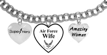 Super Hero, Genuine Austrian Crystal Heart, U.S. Air Force Wife, Amazing Woman, On A Silvertone Rollo Chain Adjustable Bracelet. It Will Fit Everyone. What A Wonderful Gift For Yourself, Or Someone Special. Gift Ready, Comes In A Black Velvet Bag.