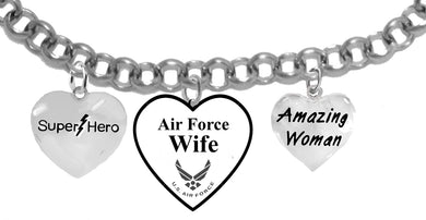 Super Hero, Genuine Austrian Crystal Heart, U.S. Air Force Wife, Amazing Woman, On A Silvertone Rollo Chain Adjustable Bracelet. It Will Fit Everyone. What A Wonderful Gift For Yourself, Or Someone Special. Gift Ready, Comes In A Black Velvet Bag.