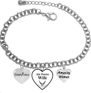 Super Hero, Genuine Austrian Crystal Heart, U.S. Air Force Wife, Amazing Woman, On A Silvertone Rollo Chain Adjustable Bracelet. It Will Fit Everyone. What A Wonderful Gift For Yourself, Or Someone Special. Gift Ready, Comes In A Black Velvet Bag.