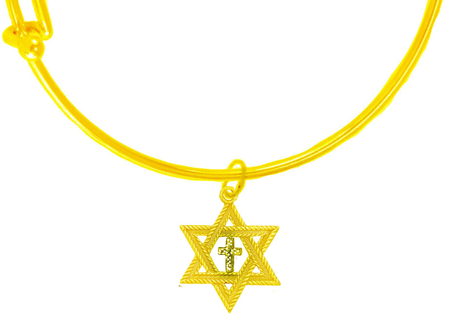 Messianic, Christian, Jewish Antique 14KT Goldtone Star Of David And Austrian Cut Crystal Cross On A Adjustable Goldtone Miracle Wire Bracelet, Will Fit Everyone, Gift Ready, Comes In A Black Velvet Bag. Hypoallergenic-Safe