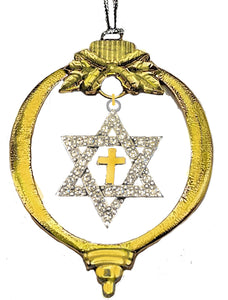 Yeshua Messianic Christmas 14KT Goldtone Ornament, What A Great Gift!  With Genuine Austrian Cut Crystal Star Of David, 14KT Goldtone Cross, With Tree Attachment For Hanging. ©2023
