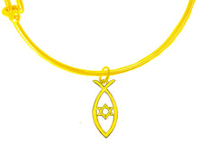 Messianic, Christian, 14KT Goldtone Christian Fish With A Star Of David Inside On A Adjustable 14KT Goldtone Miracle Wire Bracelet, Will Fit Everyone, Gift Ready, Comes In A Black Velvet Bag.