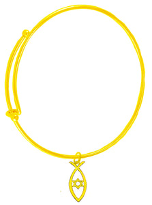 Messianic, Christian, 14KT Goldtone Christian Fish With A Star Of David Inside On A Adjustable 14KT Goldtone Miracle Wire Bracelet, Will Fit Everyone, Gift Ready, Comes In A Black Velvet Bag.