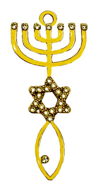 Messianic 14KT Goldrtone, Seal Of Jerusalem Charm With Genujne Austrian Crystal Star Of David, Menorah, And. A Christian Fish The Ichthys,Is A Symbol Used By Early Christians To Represent Jesus Christ And Their Faith.