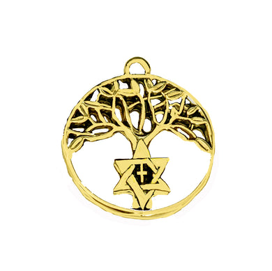 Messianic 14KT Goldtone Antique Star Of David And Crooss In A Beautiful Tree Of Life Charm. Hypoallergenic-Safe, No Nickel, Lead, Or Cadmium In The Metal. Comes With Jump Ring Attached. Charm Size 3/4 X 3/4 Inch. Handmade In The USA By Veterans ©2024