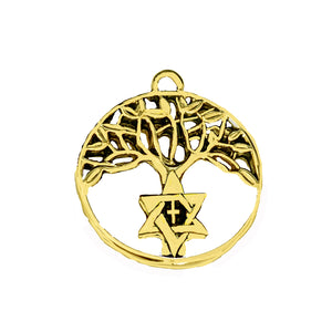 Messianic 14KT Goldtone Antique Star Of David And Crooss In A Beautiful Tree Of Life Charm. Hypoallergenic-Safe, No Nickel, Lead, Or Cadmium In The Metal. Comes With Jump Ring Attached. Charm Size 3/4 X 3/4 Inch. Handmade In The USA By Veterans ©2024