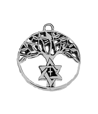 Messianic Silvertone Antique Star Of David And Cross In A Beautiful Tree Of Life Charm. 3/4 X 3/4 Inch. Hypoallergenic-Safe, No Nickel, Lead, Or Cadmium In The Metal. Comes With Jump Ring AttacheHandmade In The USA By Veterans ©2024