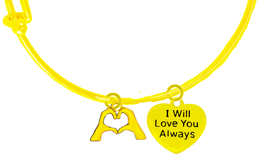 I Love You, Everyone Is Doing It! Forming Their Fingers And Hands Into The Shape Of A Heart Saying I Love You, And A Heart Saying I Will Love You Always, On A 14KT Goldtone Adjustable Miracle Wire Bracelet. It Fits Everyone.
