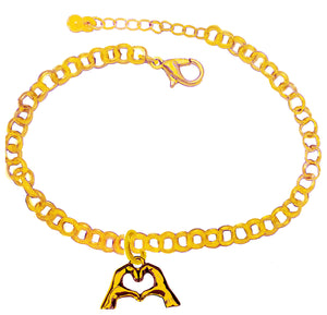 Everyone Is Doing It! Forming Their Fingers And Hands Into The Shape Of A Heart Saying I Love You On A 14 KT Goldtone Adjustable Rolo Chain Bracelet. What A Great Gift For Yourself Or Someone Special. Gift Ready Comes In A Small Black Velvet Bag