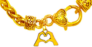 Everyone Is Doing It! Forming Their Fingers And Hands Into The Shape Of A Heart Saying &nbsp;"I Love You" On A 14 KT Goldtone Antique Wheat Chain Bracelet. What A Great Gift For Yourself Or Someone Special. Gift Ready Comes In A Small Black Velvet Bag.