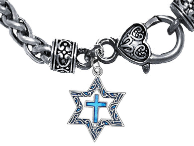 Messianic Silvertone Star Of David With Flecks Of Turquoise In The Antique Star, With A Turquoise Cross On A Antique Wheat Chain Bracelet. What A Great Gift For Yourself Or Someone Special. Gift Ready Comes In A Small Black Velvet Bag.