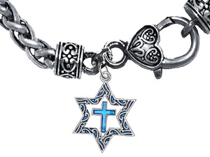 Messianic Silvertone Star Of David With Flecks Of Turquoise In The Antique Star, With A Turquoise Cross On A Antique Wheat Chain Bracelet. What A Great Gift For Yourself Or Someone Special.&nbsp;Gift Ready Comes In A Small Black Velvet Bag.