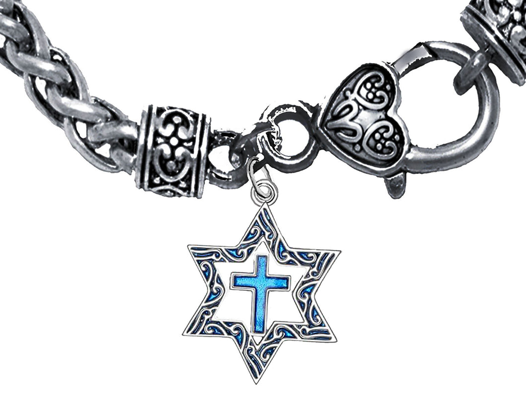 Messianic Silvertone Star Of David With Flecks Of Turquoise In The Antique Star, With A Turquoise Cross On A Antique Wheat Chain Bracelet. What A Great Gift For Yourself Or Someone Special. Gift Ready Comes In A Small Black Velvet Bag.