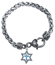Messianic Silvertone Star Of David With Flecks Of Turquoise In The Antique Star, With A Turquoise Cross On A Antique Wheat Chain Bracelet. What A Great Gift For Yourself Or Someone Special.&nbsp;Gift Ready Comes In A Small Black Velvet Bag.