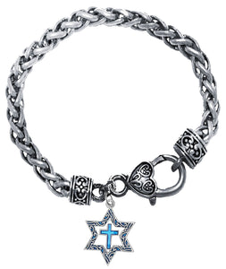 Messianic Silvertone Star Of David With Flecks Of Turquoise In The Antique Star, With A Turquoise Cross On A Antique Wheat Chain Bracelet. What A Great Gift For Yourself Or Someone Special.&nbsp;Gift Ready Comes In A Small Black Velvet Bag.