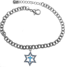 Messianic Silvertone Star Of David With Flecks Of Turquoise In The Antique Star, With A Turquoise Cross On A Rollo Chain Bracelet. It Will Fit Everyone.. What A Great Gift For Yourself Or Someone Special. Gift Ready Comes In A Small Black Velvet Bag.
