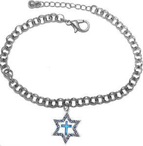 Messianic Silvertone Star Of David With Flecks Of Turquoise In The Antique Star, With A Turquoise Cross On A Rollo Chain Bracelet. It Will Fit Everyone.. What A Great Gift For Yourself Or Someone Special. Gift Ready Comes In A Small Black Velvet Bag.