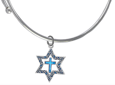 Messianic Silvertone Star Of David With Flecks Of Turquoise In The Antique Star, With A Turquoise Cross On A Adjustable Miracle Wire Bracelet. It Will Fit Everyone.What A Great Gift For Yourself Or Someone Special. Comes In A Small Black Velvet Bag