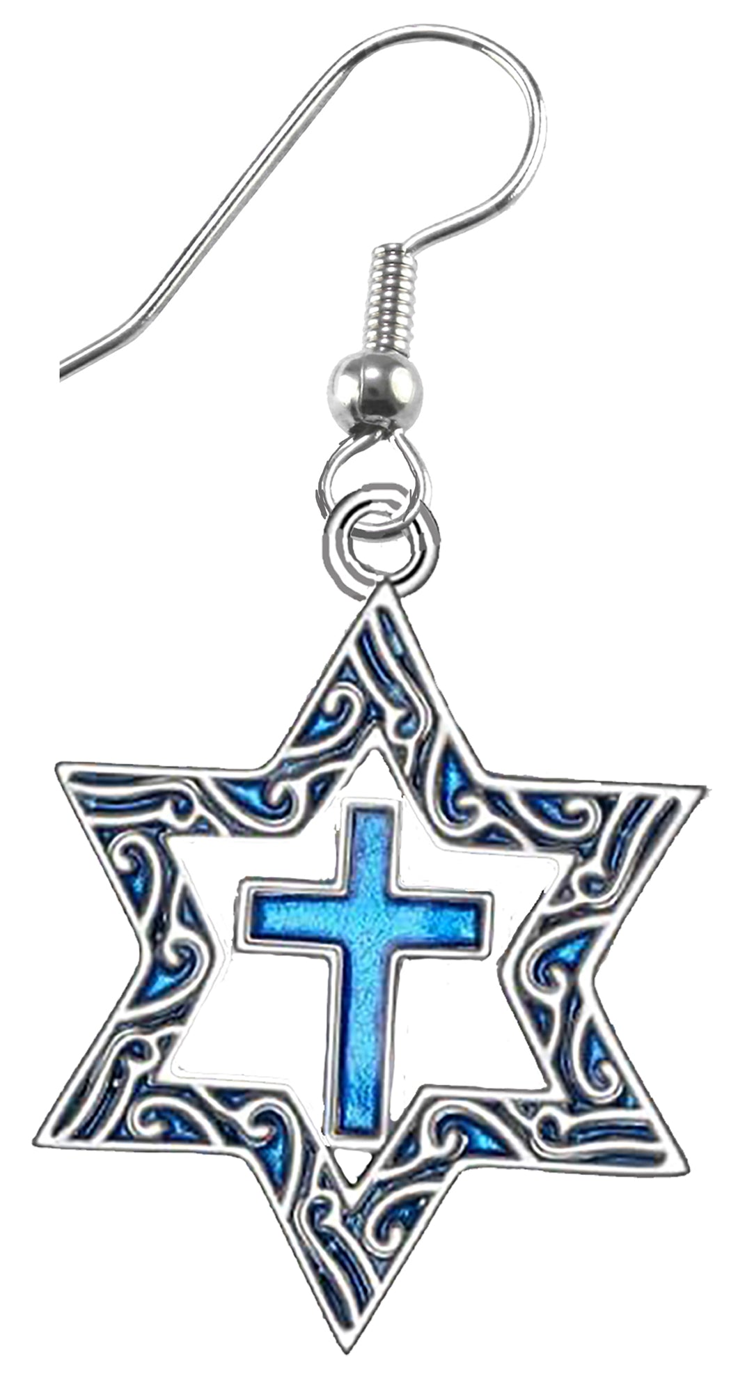 Messianic Silvertone Star Of David With Flecks Of Turquoise In The Antique Star, With A Turquoise Cross On A Fishhook Wire Earring. What A Great Gift For Yourself Or Someone Special. Gift Ready Comes In A Small Black Velvet Bag.