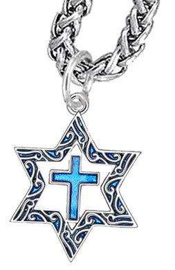 Messianic Silvertone Star Of David With Flecks Of Turquoise In The Antqiue Star, With A Turquoise Cross On A Silvertone Wheat Chain Necklace. What A Great Gift For Yourself Or Someone Special. Gift Ready Comes In A Small Black Velvet Bag.
