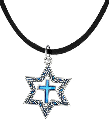 Messianic Silvertone Antique Star Of David With A Turquoise Cross On A Genuine Black Suede Necklace. Will Fit Everyone. What A Wonderful Gift For Yourself, Or Someone Special.  Gift Ready Comes In A Small Black Velvet Bag.
