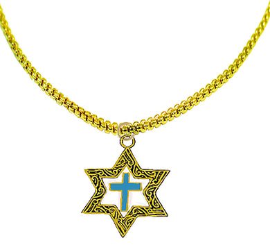 Messianic 14KT Goldtone Antique Star Of David, With A Turquoise Cross On A Adjustable Box Chain Necklace.  What A Great Gift For Yourself Or Someone Special. Gift Ready Comes In A Small Black Velvet Bag. The Charm Is A Little Less Than 3/4 X 3/4 Inch