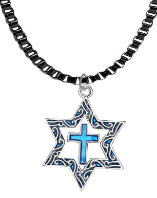 Messianic Silvertone Star Of David With Flecks Of Turquoise In The Antique Star, With A Turquoise Cross On A Anodized Black Box Chain. What A Great Gift For Yourself Or Someone Special. Gift Ready Comes In A Small Black Velvet Bag.