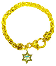 Messianic 14KT Goldtone Antique Star Of David With A Turquoise Cross On A 14KT Goldtone Wheat Chain Bracelet. What A Wonderful Gift For Yourself, Or Someone Special.&nbsp; Gift Ready Comes In A Small Black Velvet Bag