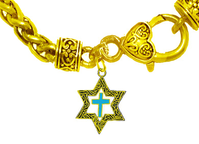 Messianic 14KT Goldtone Antique Star Of David With A Turquoise Cross On A 14KT Goldtone Wheat Chain Bracelet. What A Wonderful Gift For Yourself, Or Someone Special.  Gift Ready Comes In A Small Black Velvet Bag