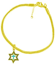 Messianic 14KT Goldtone Antique Star Of David With A Turquoise Cross On A 14KT Goldtone Snake Chain Bracelet. What A Wonderful Gift For Yourself, Or Someone Special. Gift Ready Comes In A Small Black Velvet Bag